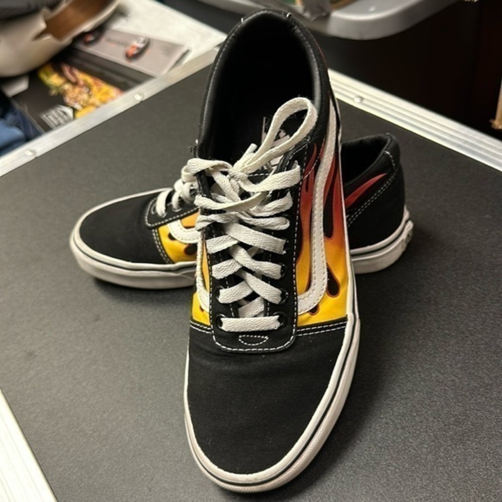 Vans men’s black canvas lace up shoes with flames size 7.5